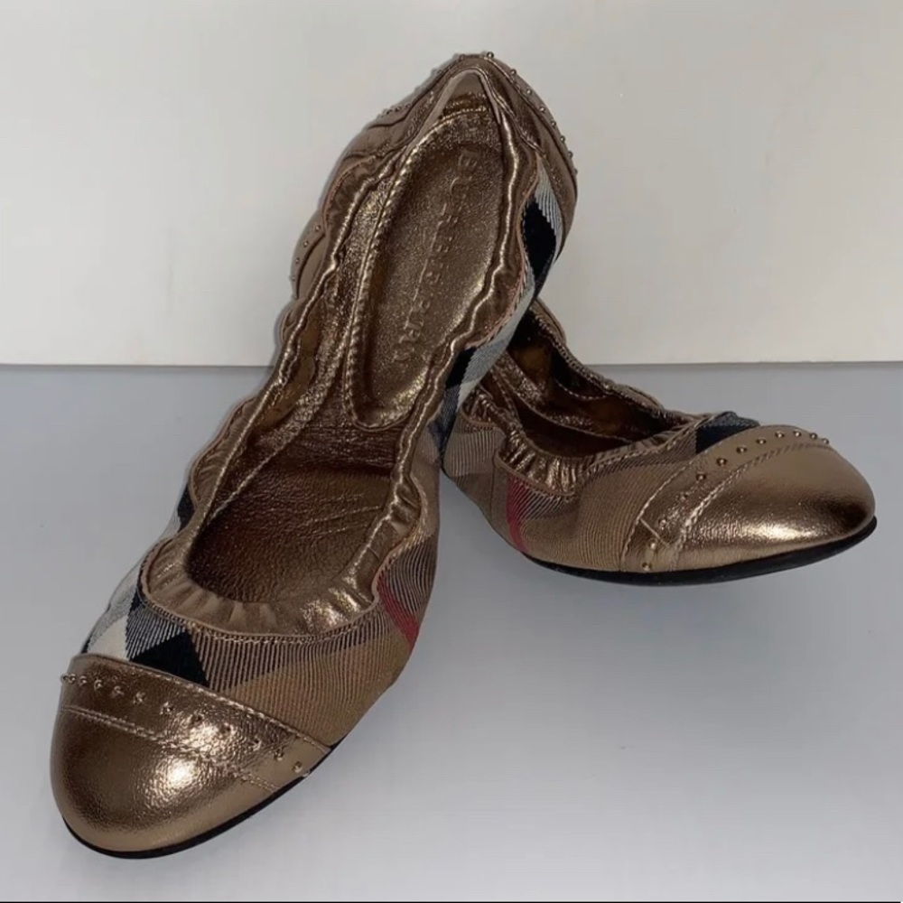 Burberry Metallic Leather House Check Ballerinas